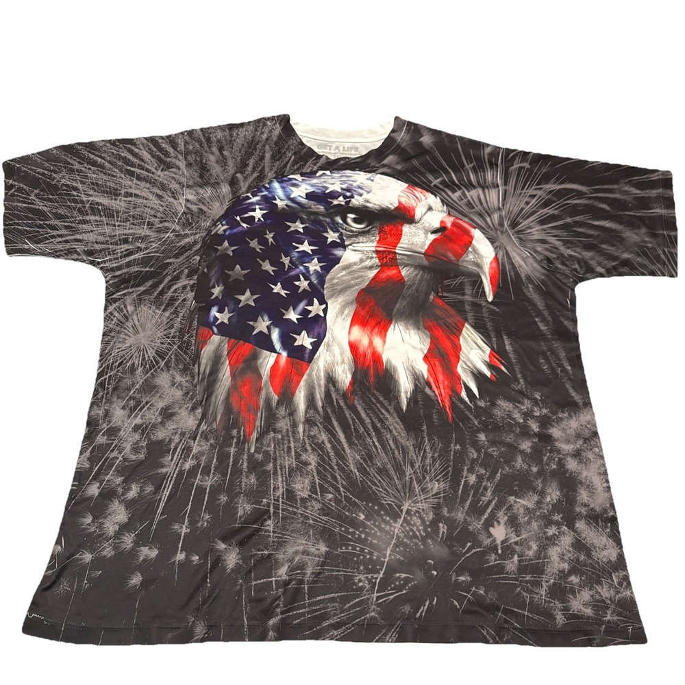 Get A Life Mens 2XL All Over Print American Flag Eagle Fireworks‎ T-Shirt Black